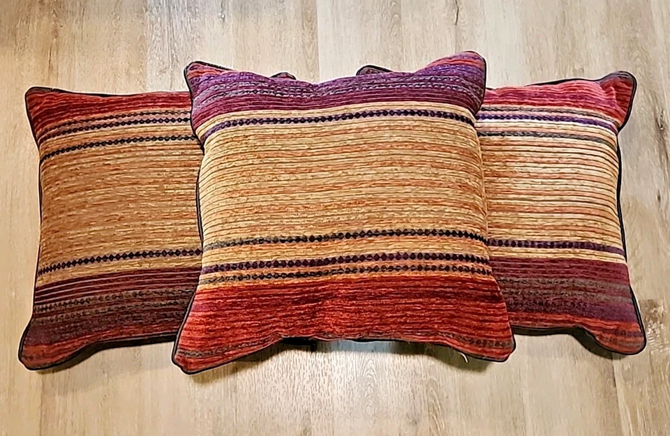 3 Croscill Plateau Pillows Reversable Southwestern Chenille Stripes Faux Leather - Image 2 of 4