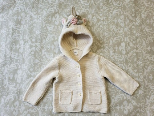 Baby Gap 12-18 Month Unicorn Knit Sweater Cardigan Ivory Cotton