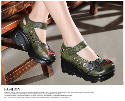 Spring Autumn Women Wedges Real Leather Shoes Round Toe Platform High Heels Pump - Picture 17 of 27