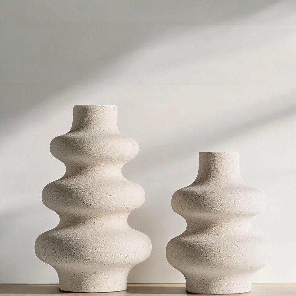 NEW West Elm Large Cream Stoneware Ceramic Geometric Flower Vase Décor Set of 2 - Image 2 of 4