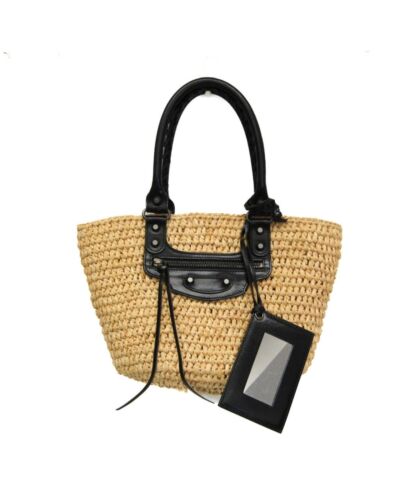 Pre Loved Balenciaga Beige Raffia and Leather Tote Bag with Gunmetal Accents  - - Picture 1 of 13