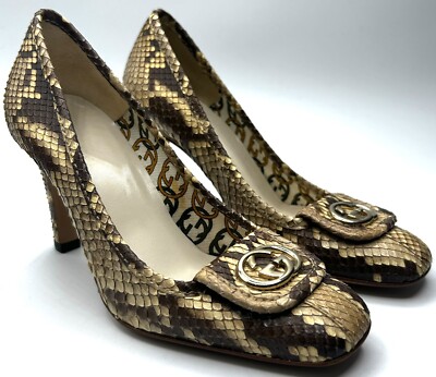 Gucci Snakeskin GG Pumps US Size Beige Snake Embossed Logo High Heel  Tan