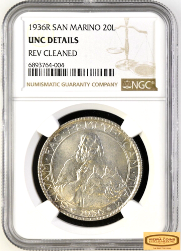 1936-R San Marino Silver 20 Lire, NGC UNC DETAILS Mintage of 5,000 coins-#B36273