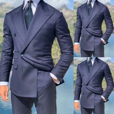 Navy Blue Men's Suits Peak Lapel Double-Breasted Formal Bridegroom Tuxedos 2pcs