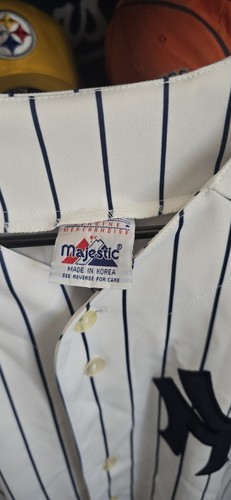 Maglia vintage Majestic New York Yankees gessato uomo taglia 22x30 1/2" USA - Foto 7 di 7