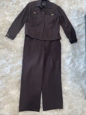 St John Sport Marie Gray Vintage Brown Suit Jacket Women  s L Pants 14 Gold Metal