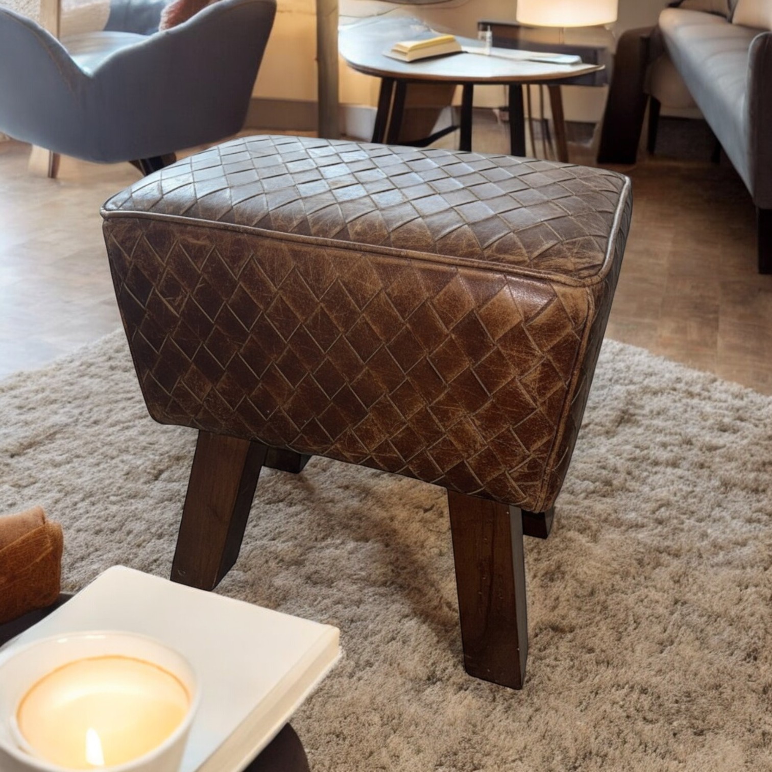 Vintage Brown Tan Leather Stool / Footstool Wood Legs Pommel Horse Style Retro