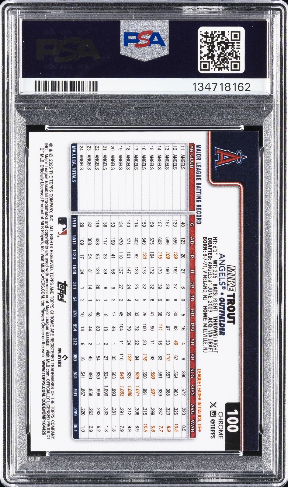 2025 TOPPS CHROME SAPPHIRE BLACK #100 MIKE TROUT 10/10 PSA 10 view 2