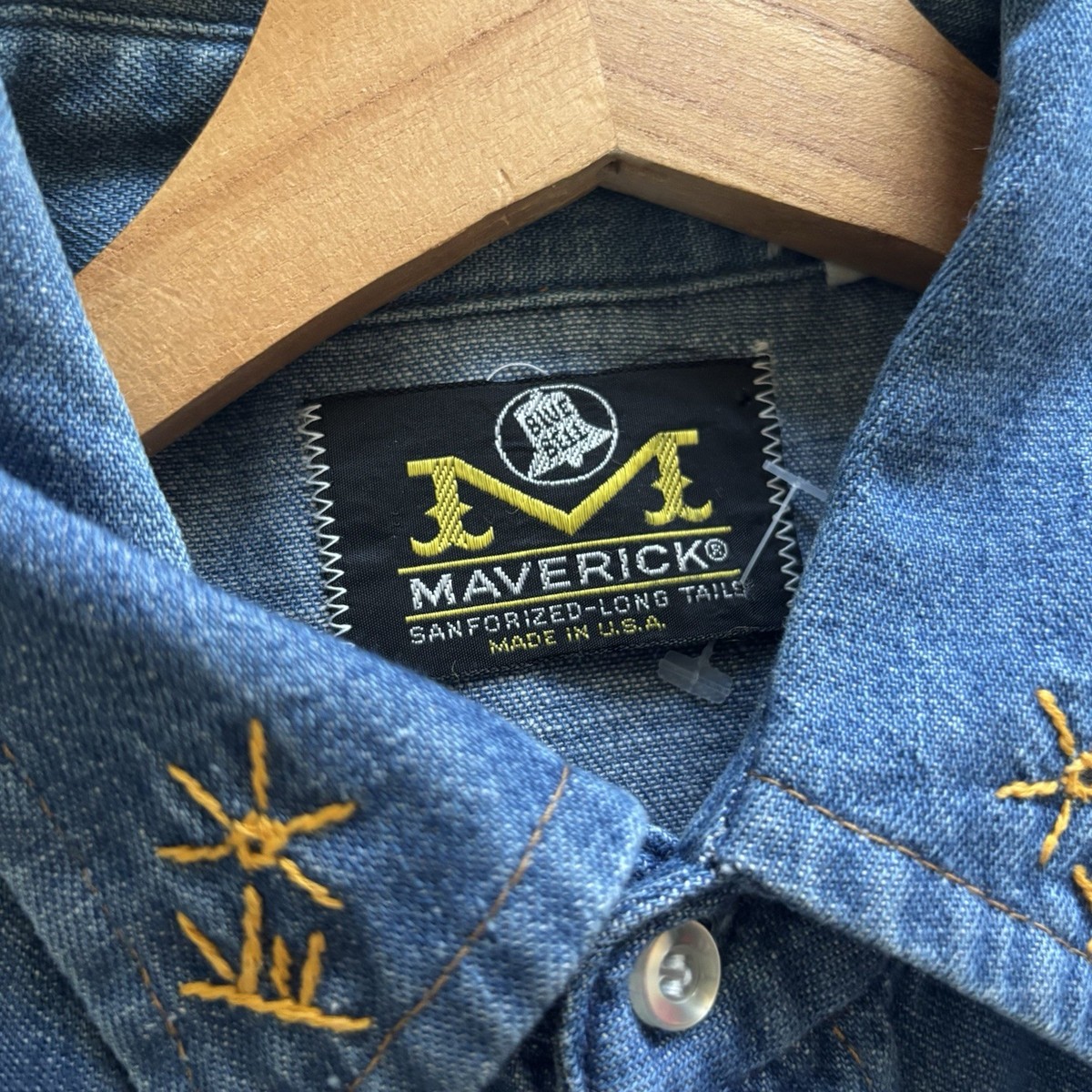 70s Maverick Blue Bell Embroidered Denim Western Shirt Pearl Snap