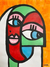 Original Cubist Abstract Face 16x12" Acrylic Painting on Mixed Media Paper