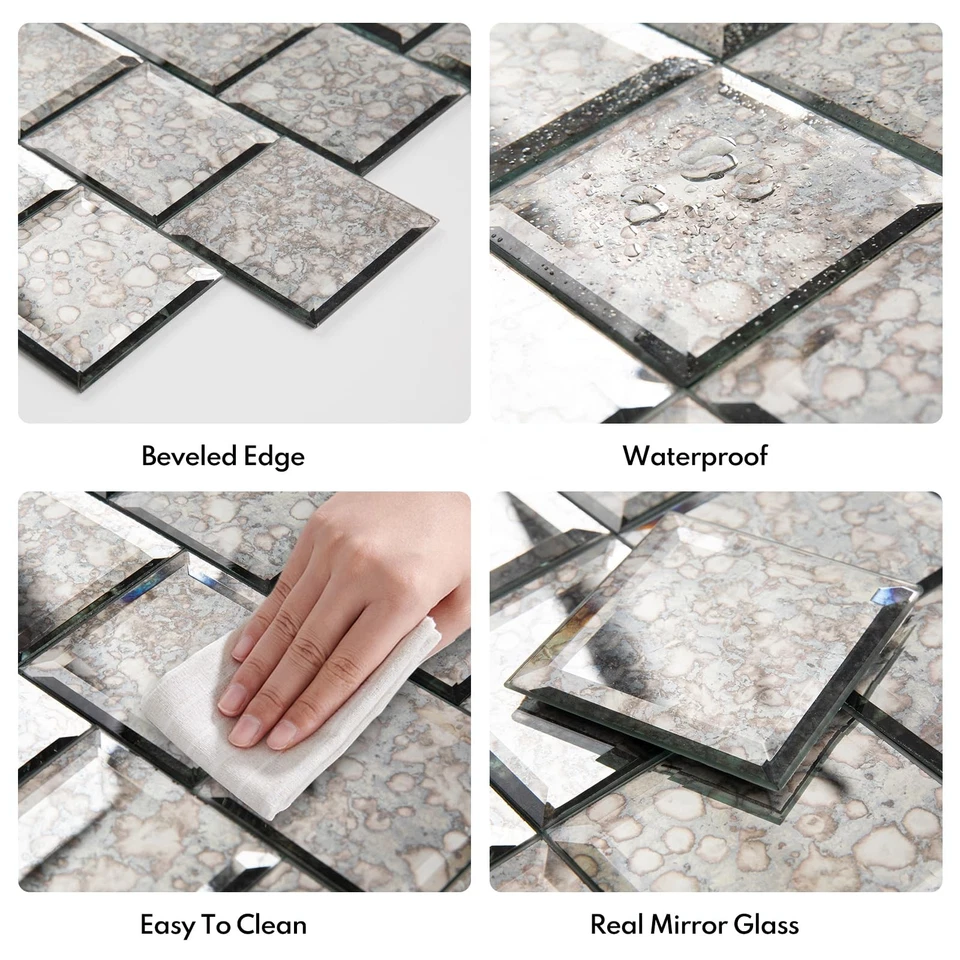 Salpicadero espejo antiguo de 3 pulgadas pelar y pegar, azulejo cuadrado para baño de cocina... Foto 3 de 4