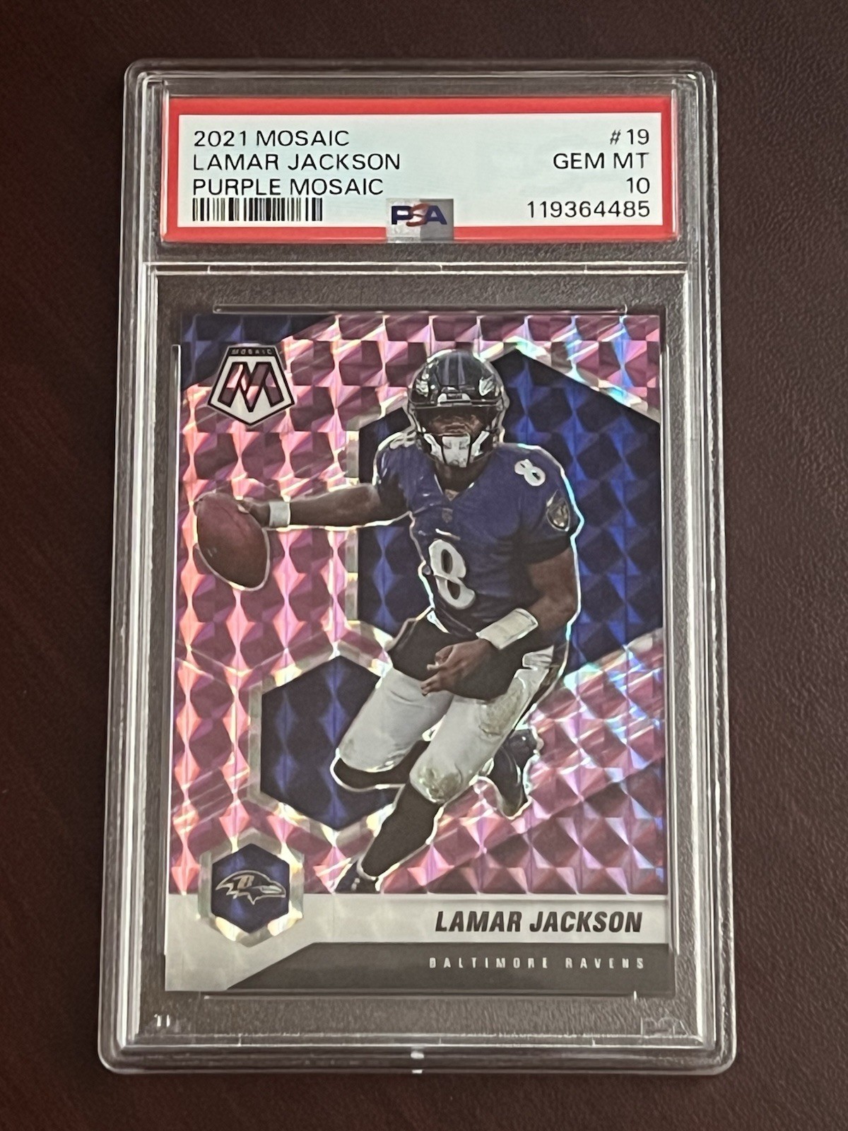 2021 Panini Mosaic Lamar Jackson purple Mosaic Prizm 19 #05/49 PSA 10