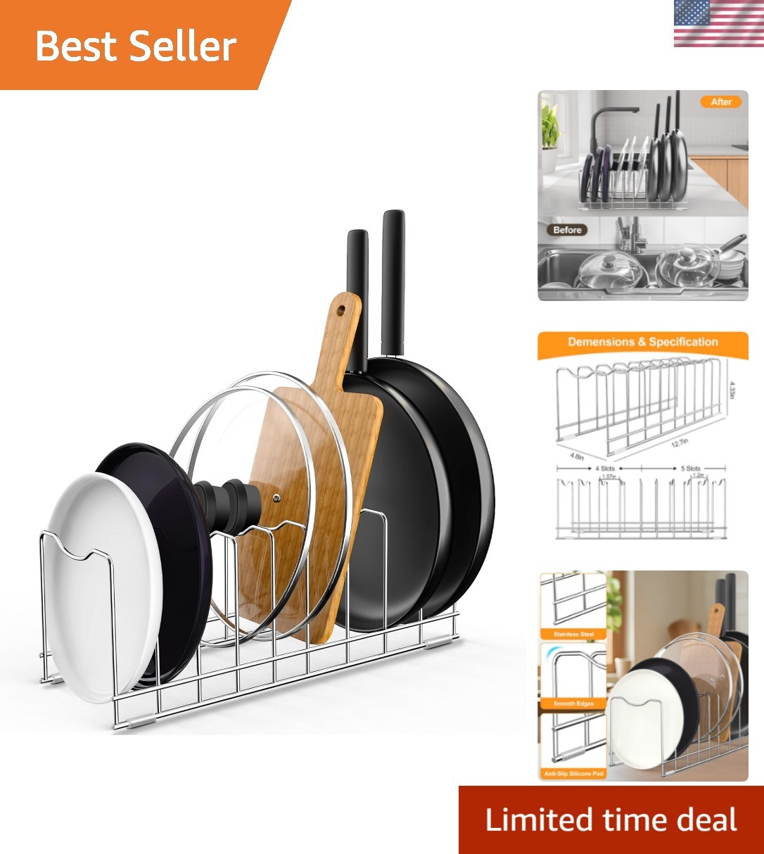 Lid Organizer Pot Lid Organizer 10-Tier Pot Lid Rack Holder Suitable for Bake...