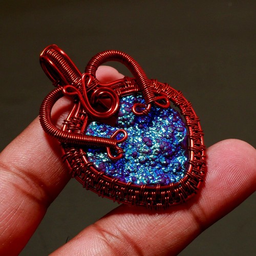 Purple Titanium Druzy Gemstone Copper Pendant Handmade Wire Wrap Jewelry 2.3" - Picture 2 of 6