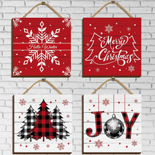 4-Pcs Merry Christmas Hanging Signs 7.87" Wood Buffalo Plaid Wall Plaques Decor