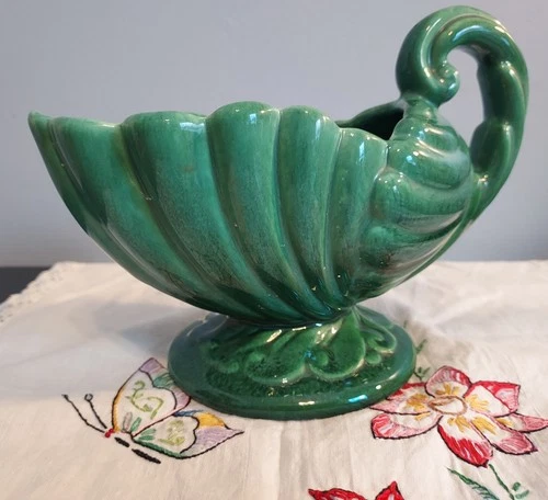 VTG MCM Haeger Planter/Gravy Bowl Cornucopia Clay Pottery Green
