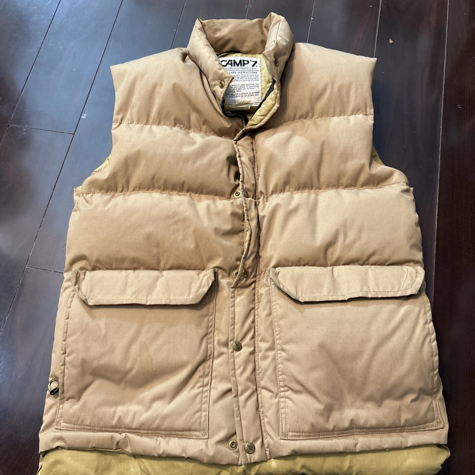 VTG 70s 80s Camp 7 DownPuffer Vest Boulder Colorado USA Dacron Cotton Tan