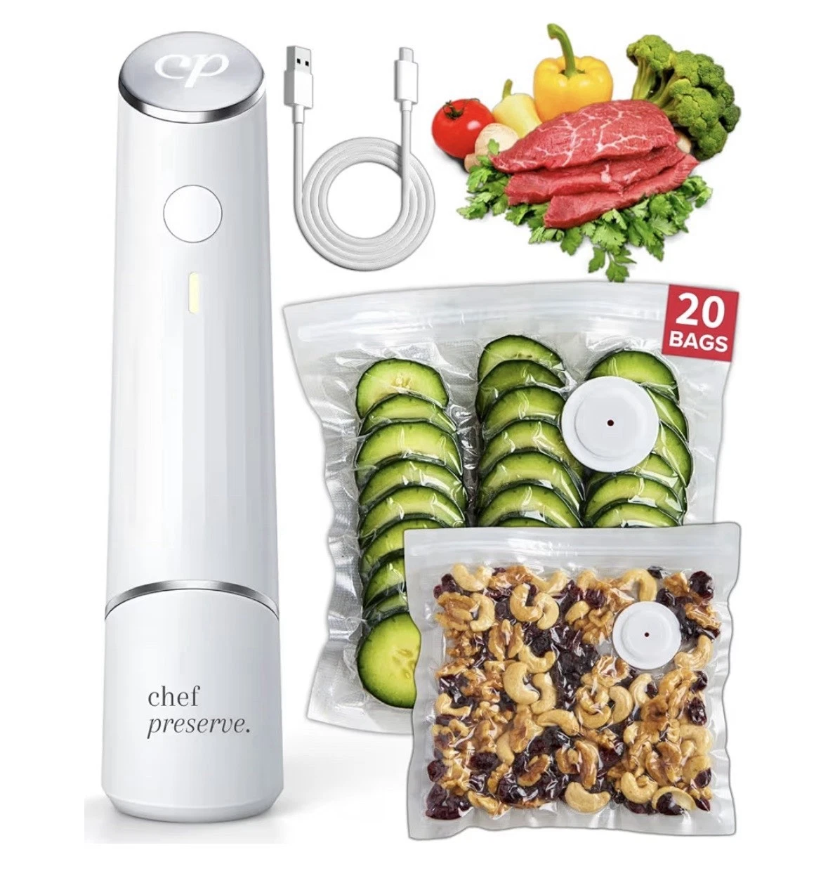 Chef Preserve Compact Handheld Vacuum Sealer for Food w/Reusable Vacuum Bags NEW