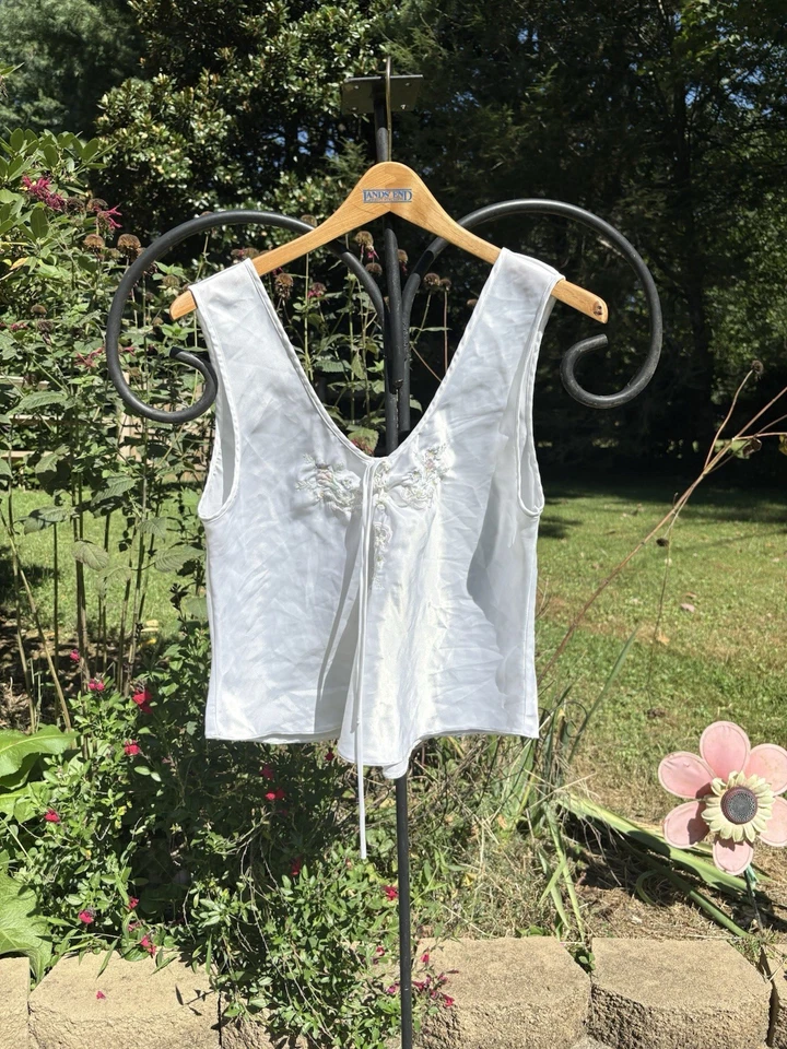 Vintage 1960s 70s Gladys Embroidered White Corset Tank Top Size 12 - Image 2 of 4