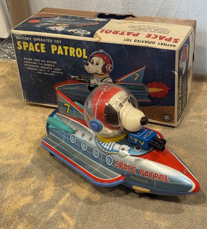 Rare 1960 Masudaya Snoopy Space Patrol Rocket Tin Battery Op W/ Box Works!