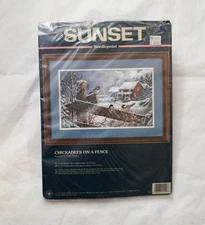 RARE Sunset CHICKADEES ON A FENCE Needlepoint Kit NEW Opened NO NEEDLE Sam Timm
