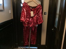 Zara Red Sequence Asymmetrical Top + Matching Trousers Size M New With Tags