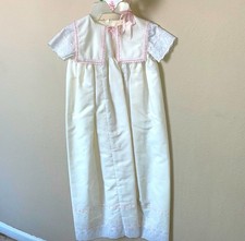 Baby Infant christening dress with bonnet pink ribbon and lace details 6-9month