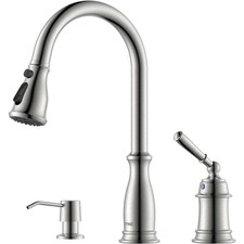 3 Holes Kitchen Sink Faucets / Pull Down Sprayer/Soap Dispenser Brushed Nickel