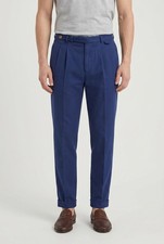 BRUNELLO CUCINELLI MEN'S BLUE PLEATED COTTON TROUSERS MSRP $1185
