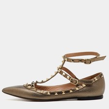 Valentino Metallic Leather Rockstud Ankle Strap Ballet Flats Size 38