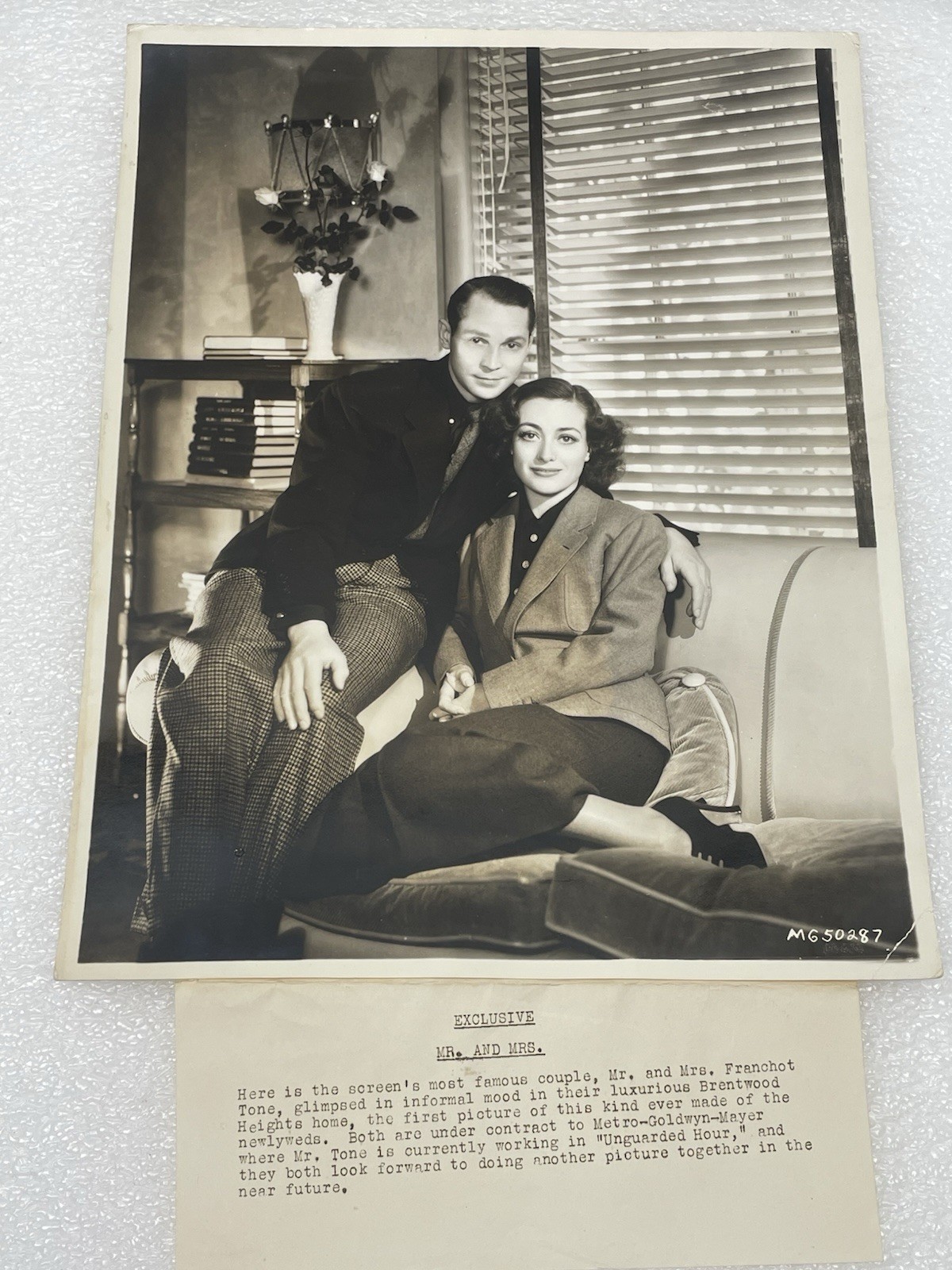 1935 ORIGINAL PRESS PHOTO JOAN CRAWFORD FRANCHOT TONE MR. & MRS. BRENTWOOD 13x10