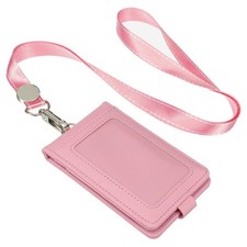 PU Leather ID Badge Holder with Detachable Neck Lanyard Set Pink