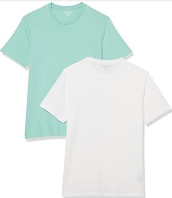 Amazon Essentials Men's Sz L Slim Fit White & Aqua 2 Pack Short Sleeve T-Shirts