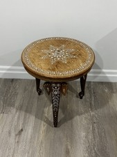 Vintage Indian Sheesham Wood Folding Side Table Elephant Leg Bone Inlay 20”