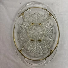 Vintage 1950's Jeanette Glass Two Handle Relish Platter Sections Guilded Feather