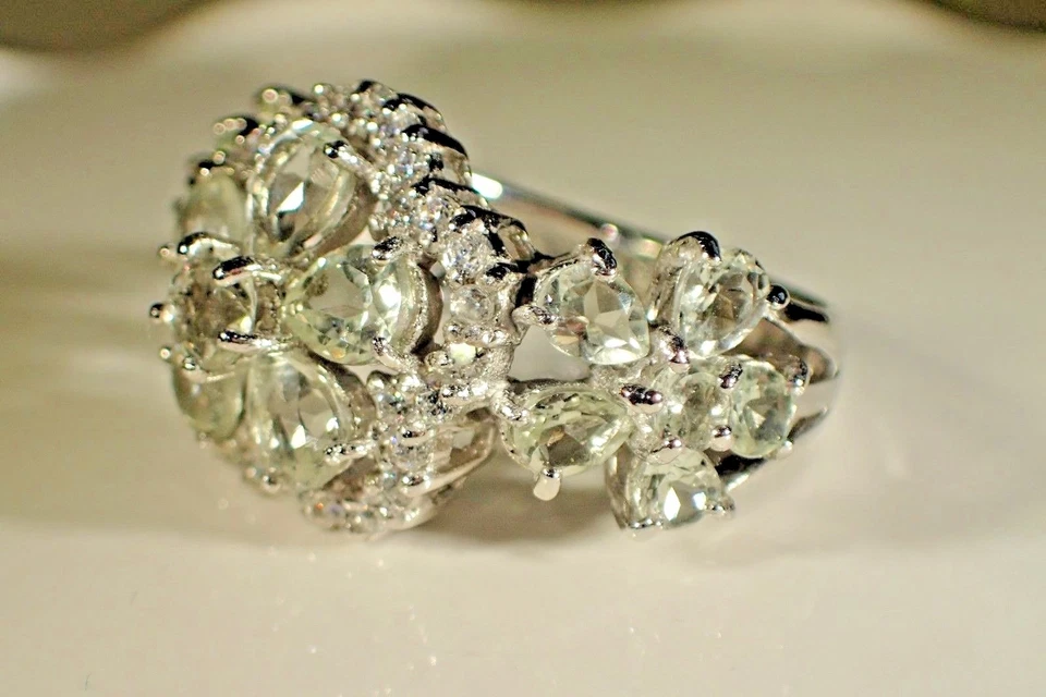 ¡GRANDE! ANILLO NATURAL VERDE AMATISTA-BLANCO CIRCONITA CÚBICA PLATA 925 CHAPADO EN ORO 14k talla 8 #542 Foto 3 de 3