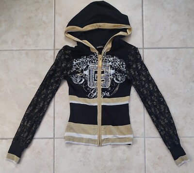 Gizia Hoodie Jacket Blouse Size 36 Gold Black Swarovski Crystals Lace Sleeves