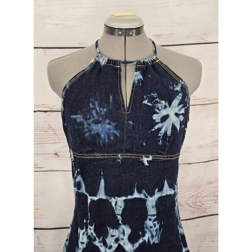 Y2K 90s Denim Mini Sun Dress Tie Dye Halter Keyhole Stretch Grunge 579 SZ SM - Picture 3 of 6
