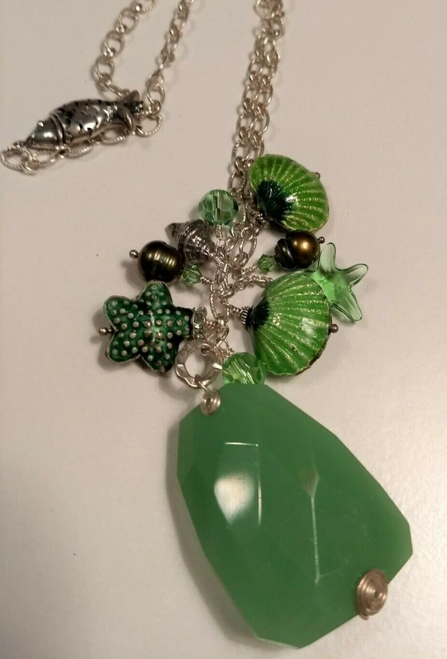 Зеленый берег тема ожерелье серьги, Swarovski, ракушки, жемчуг, уникальный.  - Изображение 4 из 4