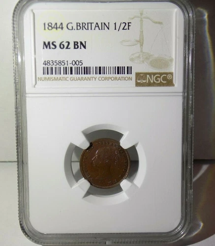 1844 1/2F HALF FARTHING 1/2 GREAT BRITAIN NGC MS 62 BN MS62 UNC Certified Coin 