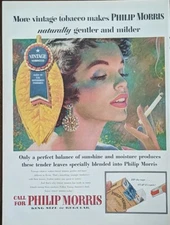 Vintage 1955 Philip Morris cigarette print ad. Post World War II.