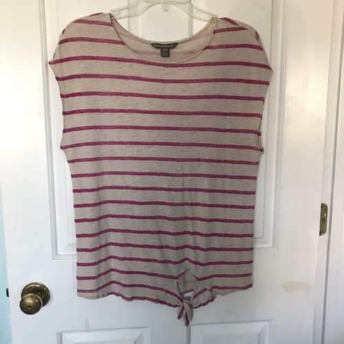 Tommy Bahama Womens M Linen Striped Magenta Cap Sleeve Tie Front Top