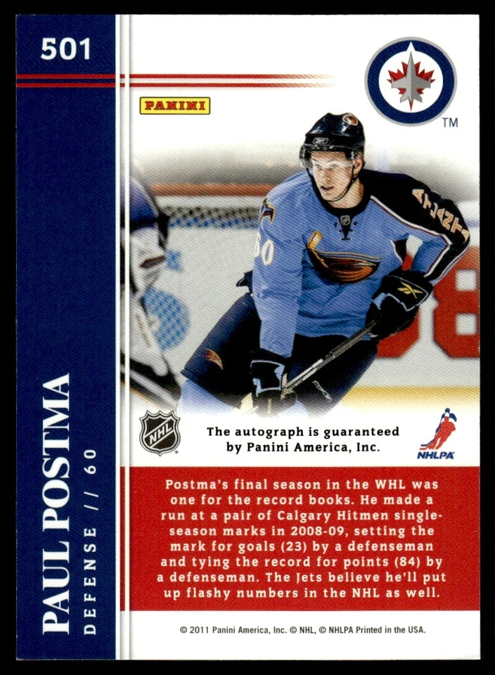 2011-12 Score Hot Rookies Signatures Paul Postma Auto Atlanta Thrashers #501 - Image 2 of 2