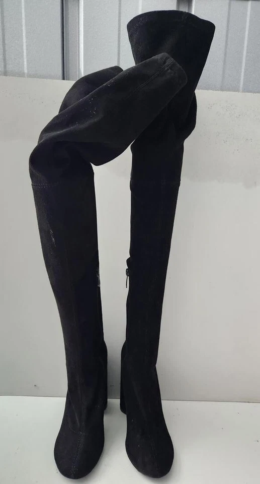 Bota Public Desire para mujer de gamuza negra con cremallera/tacón por encima de la rodilla UK 6 EU 39-A147 Foto 3 de 4