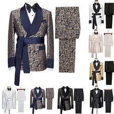 Paisley Floral Men Suits Sets Slim Fit Tuxedo Jacket Pants 2pcs Shawl Lapel Belt