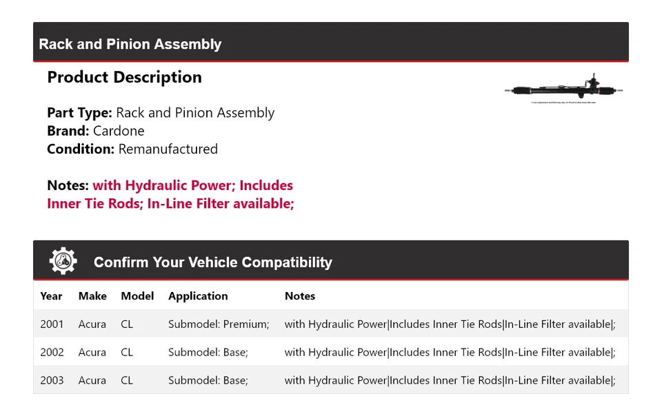 Para 2001-2003 Acura CL conjunto de rack e pinhão Cardone 2002 - Imagem 2 de 4