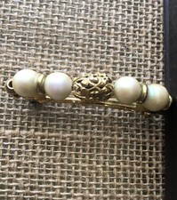 Women  s Hair Clip Accessory Barrette Gold Tone Metal Faux Pearls Made In France