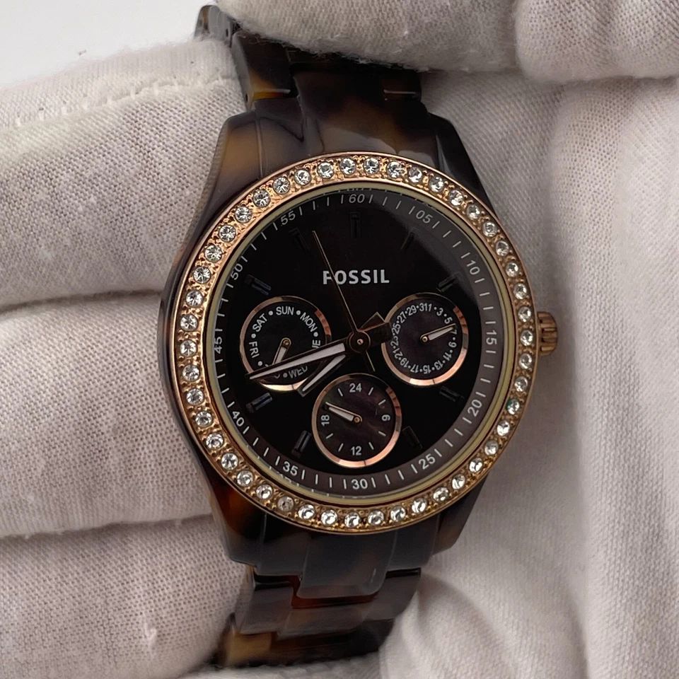 Fossil Stella Watch ES-2923 Womens 37mm Case Day Date 24H Gem Set Quartz - Image 4 of 4