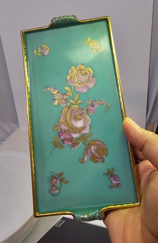 Vtg Dresden Porcelain Flat Tray/Dish gold pink rose & turquoise green- READ- A11