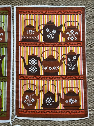2 x VINTAGE 1970s Irish brown and green teapot cotton tea towels UNUSED - Picture 2 of 9